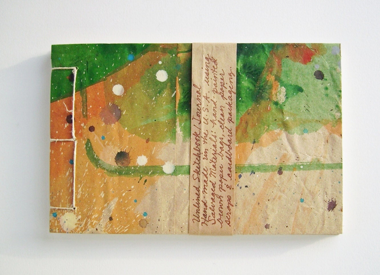 Green and Orange Sketchbook - Recycled Materials - Painted Brown Paper Bag Cover - Stab Bound