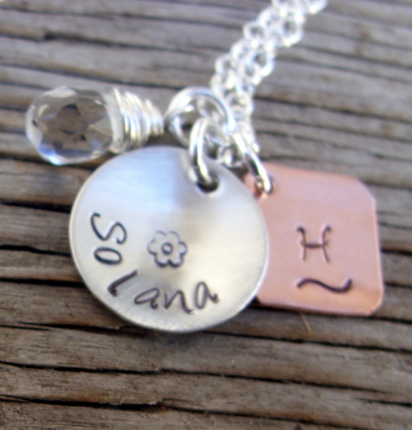 Hand stamped charm necklace 5/8 inch tasty tag sterling silver with 1/2 inch copper charm and glass drop custom gift