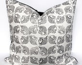 Custom Hand-Blocked Black Fish Print on White Linen 20" Pillow Cover