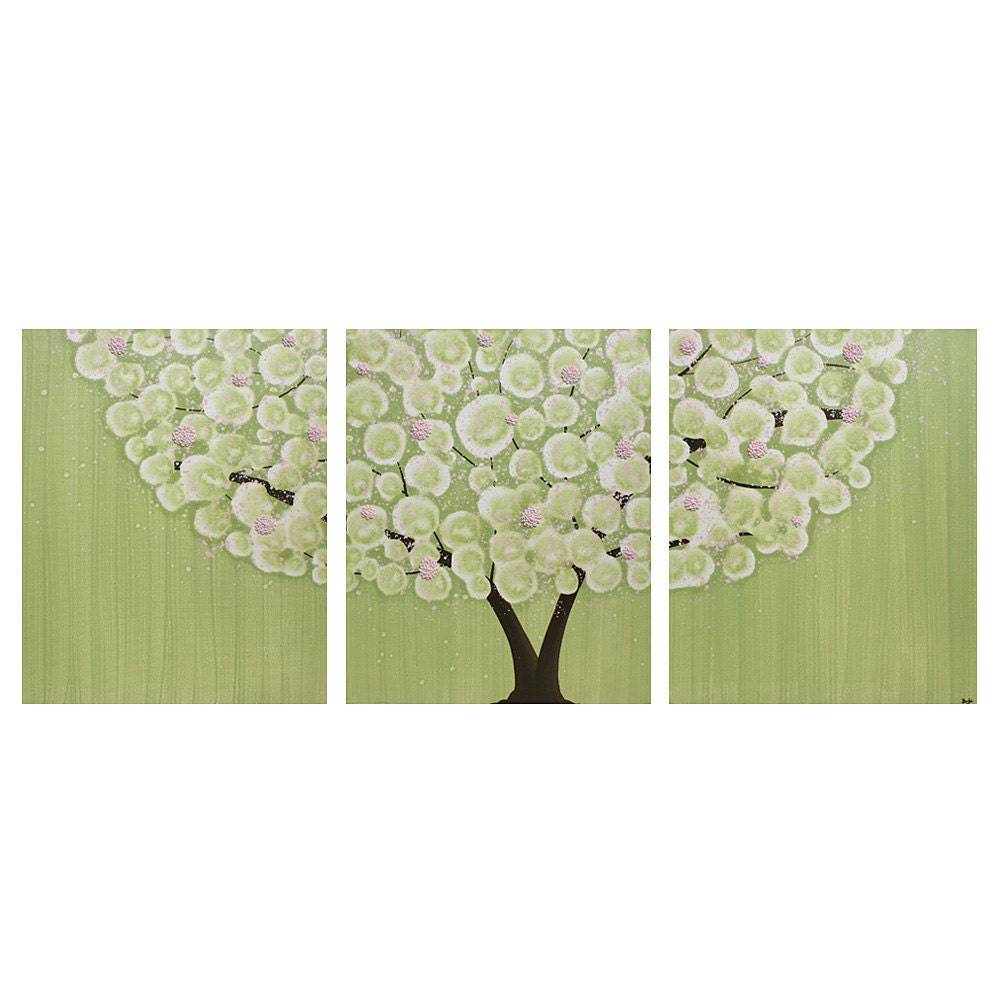 Tree Painting for Baby Girl Nursery - Original Artwork on Triptych Canvas - Pink and Green Wall Art - Medium 35X14