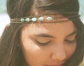 Chain Headpiece Headband Hair Piece Bohemian Hipster Boho Hippie Bronze Three Strand Turquoise Bridal  Jewelry Single Strand
