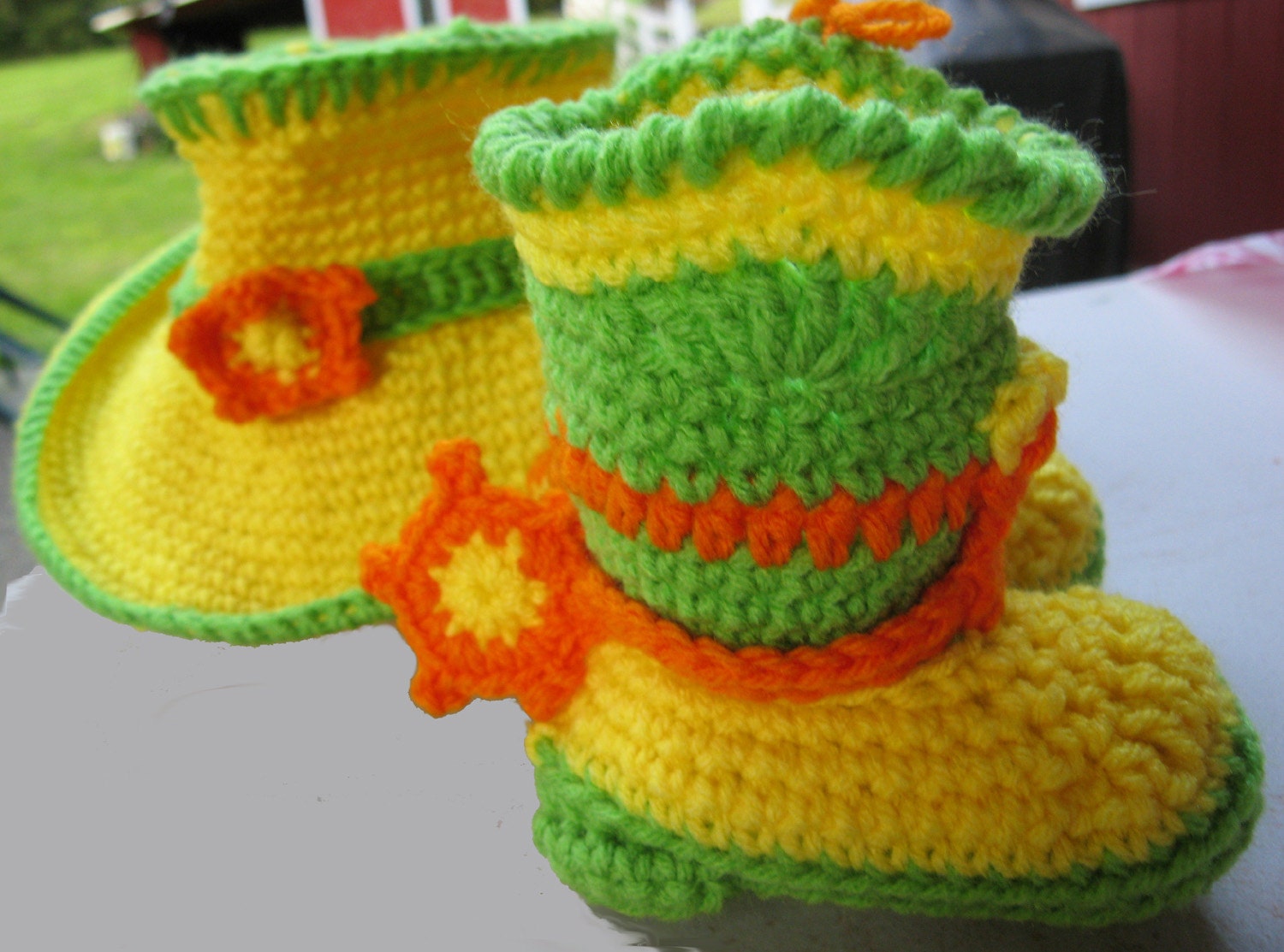 Hand Crocheted Cowgirl or boy Hat and Boots Set in Yellow Orange and Green
