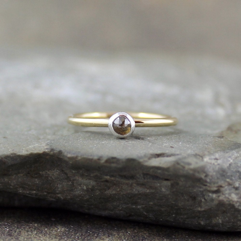 Rose Cut Diamond Engagement Ring - 14K Yellow Gold and Sterling Silver Ring - Anniversary Ring - Yellow Gold Ring - April Birthstone Ring