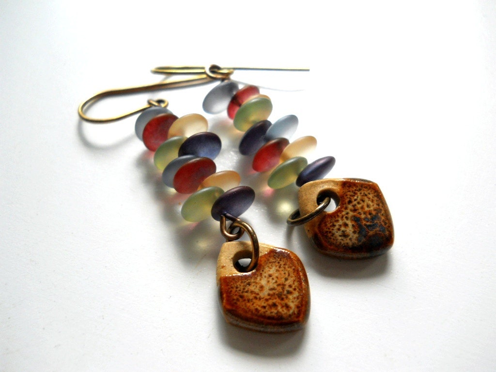 Glass and Ceramic Dangle Earrings, Opaque, Multi Colored, Natural Elaine Ray Ceramic Diamond Drops, Boho Fashion, Beaded Earrings