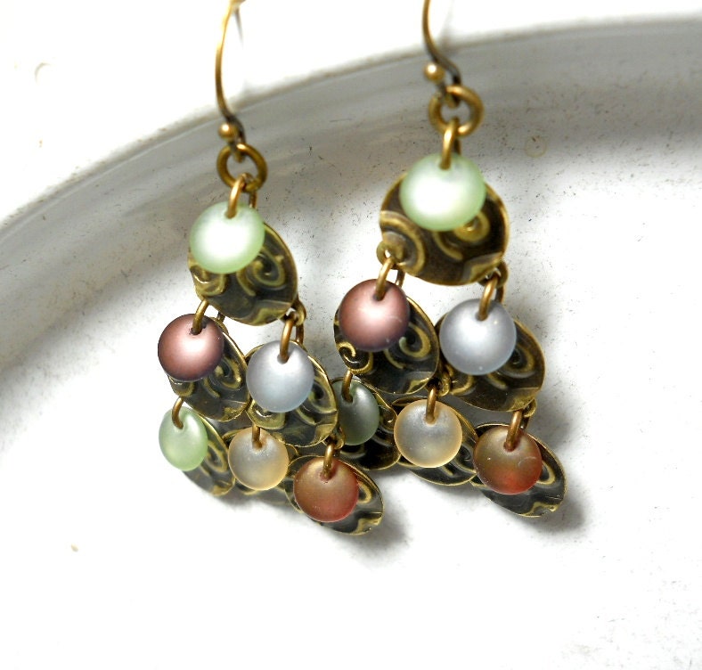 Beaded Chandelier Brass  and Glass Earrings, Opaque Glass, Embossed Brass Dangle Earrings, Metalwork, Boho Fashion, Multi colored - ChelseaGirlDesigns