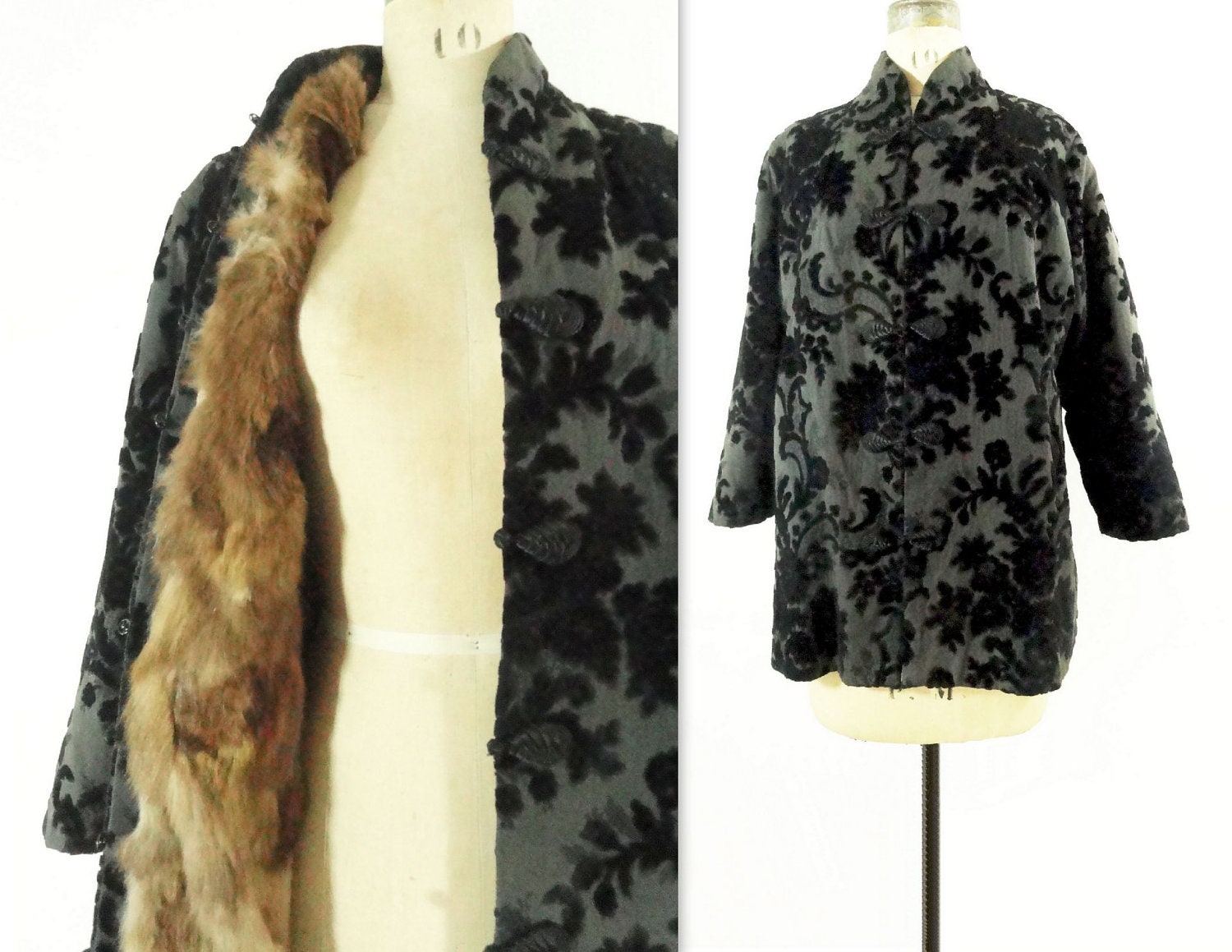 Vintage 1940s Cut Velvet Jacket Fur Lined Oriental Brocade M / L