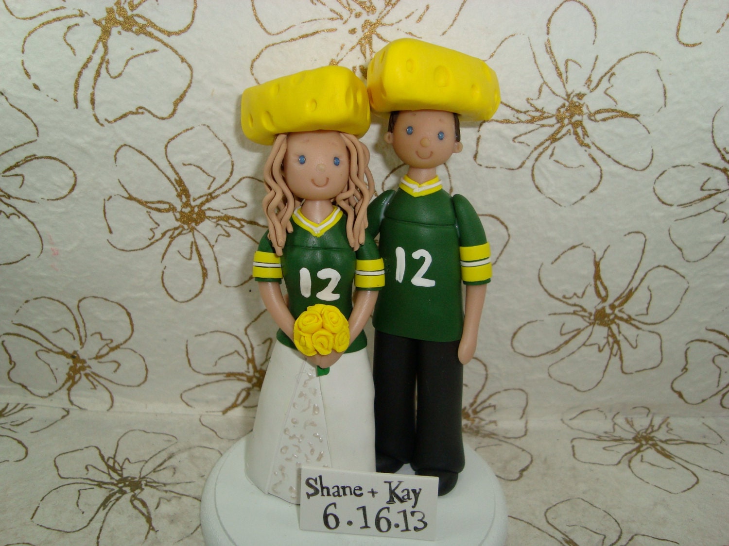 Custom Bride & Groom Green Bay Packers Fans Wedding Cake Topper