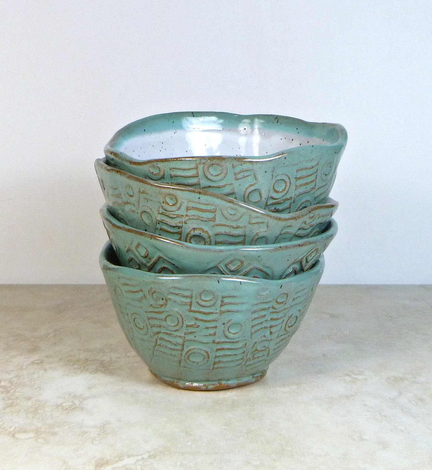 Bowls blue green grey hand built stoneware pottery
