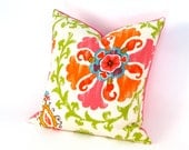 Suzani Orange and Pink Pillow Cover 18 inch INDOOR OUTDOOR