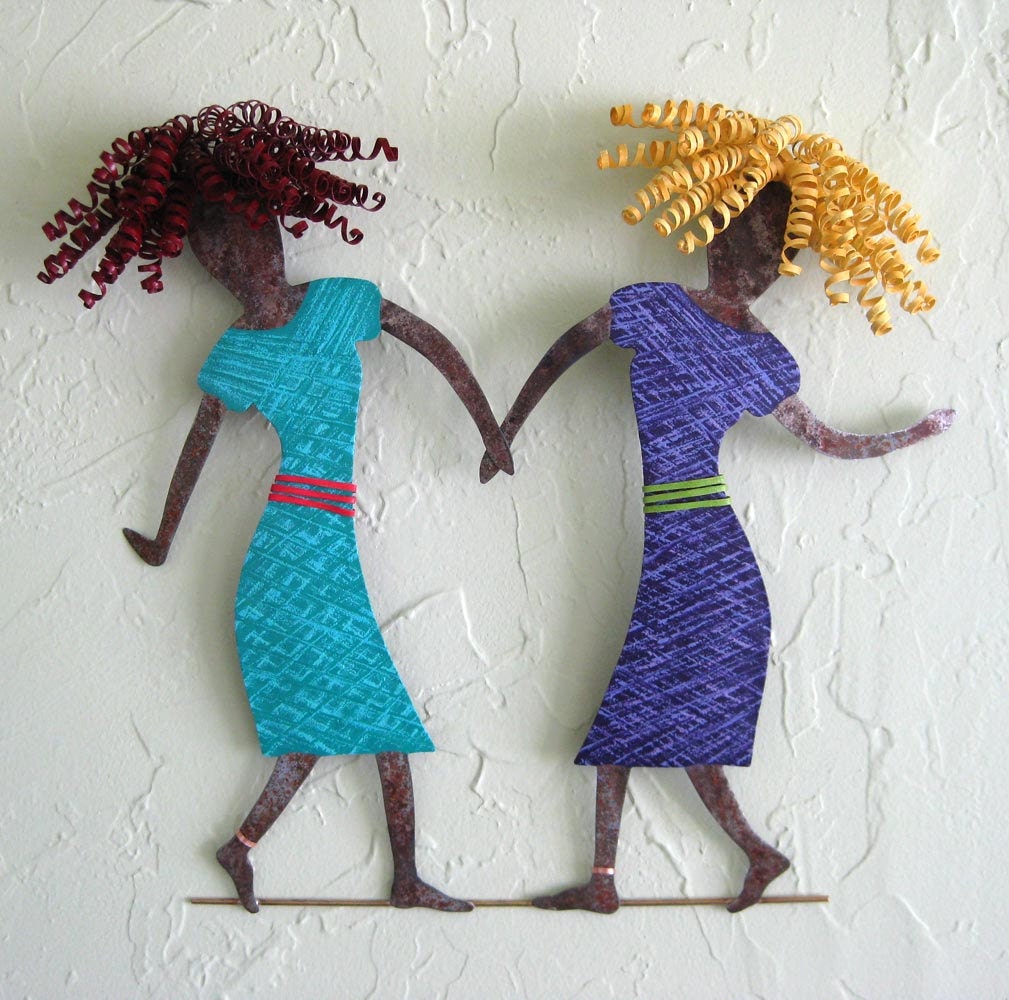 Art sculpture - Dancing Duo - sisters friends blonde redhead women upcycled metal