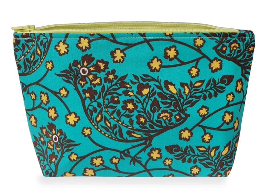 Large Cosmetic Bag / Zippered Pouch - Ornate Bird Teal