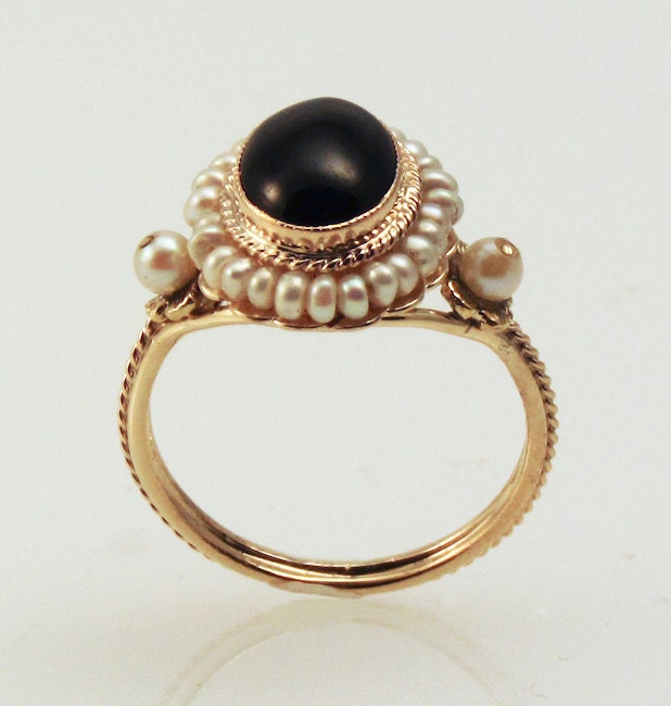 Onyx and Pearl Ring - in 14K Gold