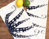 Set of 2 Towels - Navy OCTOPUS Tentacles - Multi-Purpose Flour Sack Kitchen or Bar - Renewable Natural Cotton