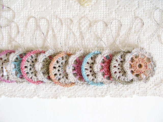 Rustic home decor, Sylvia recycled crochet flower garland, pastel shades of oatmeal, rust, coral, aqua & olive - MADE TO ORDER, by Emma Lamb