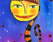 Night Sky Children's Room Art Print Whimsical Happy Moon