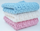 Crochet Washcloth Dishcloth Cotton Rose Pink, Blue, Cream Set of 3