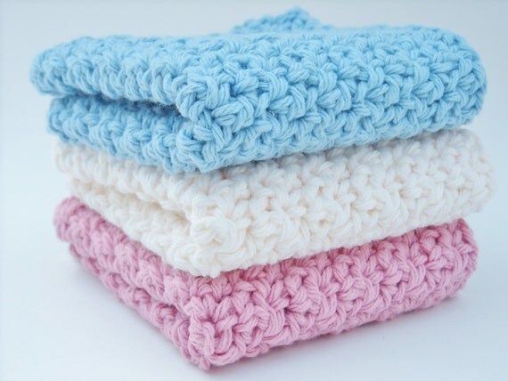Crochet Washcloth Dishcloth Cotton Rose Pink, Blue, Cream Set of 3