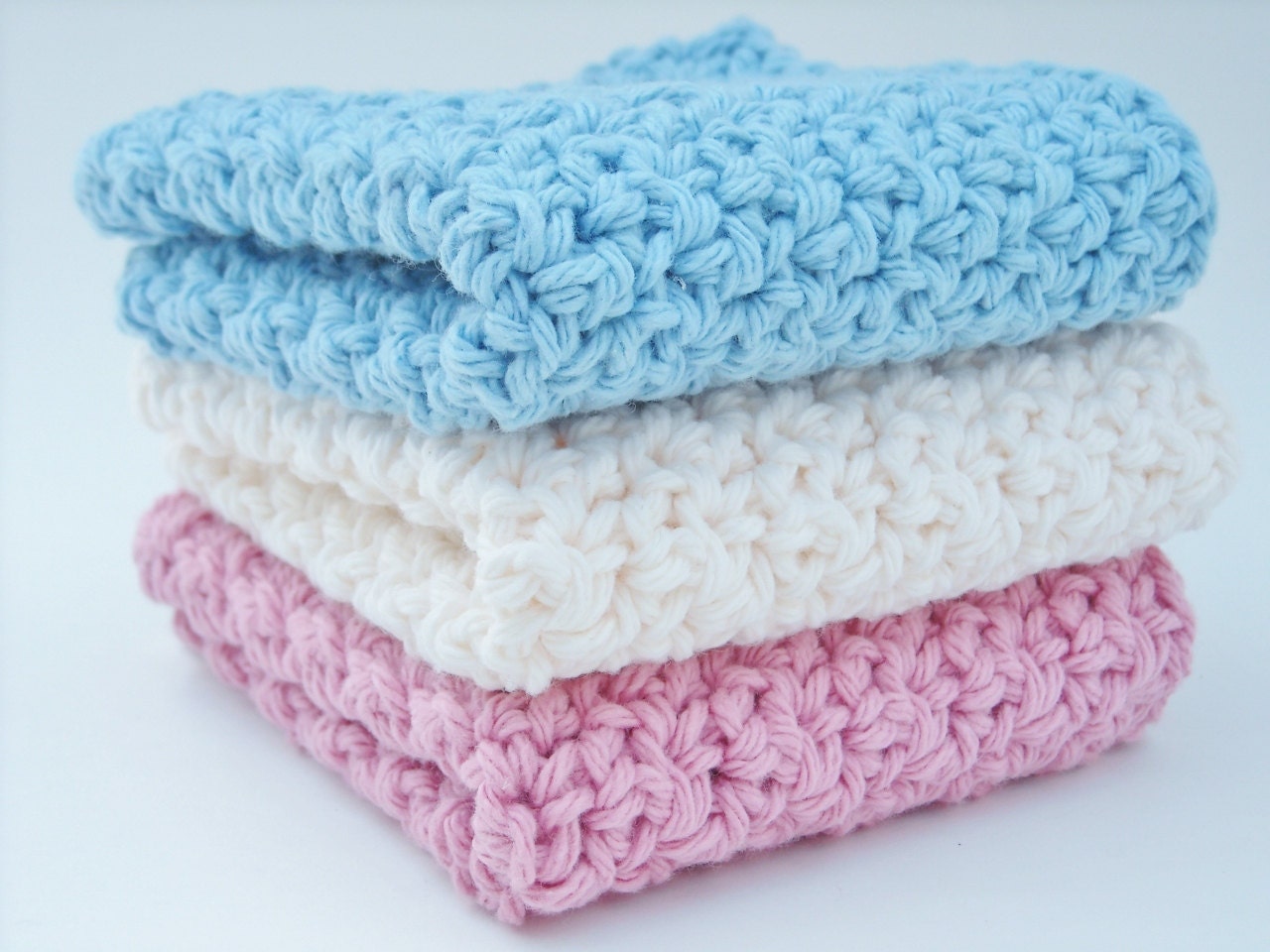 Crochet Washcloth Dishcloth Cotton Rose Pink, Blue, Cream Set of 3