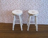 Shabby Chic  stools, two,  distressed white with rose bouquets,  Twelfth scale dollhouse miniature