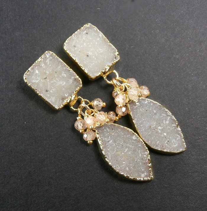 Druzy Earrings Post Jasper Quartz Sand Beige Cluster Dangle Earrings Raw Gemstone Beach Wedding Spring Fashion - Shauna