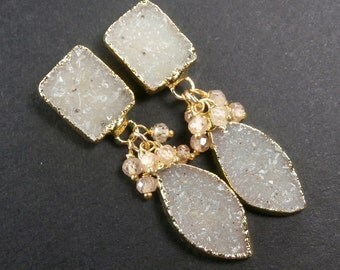 Druzy Earrings Post Jasper Quartz Sand Beige Cluster Dangle Earrings Raw Gemstone Beach Wedding Spring Fashion - Shauna