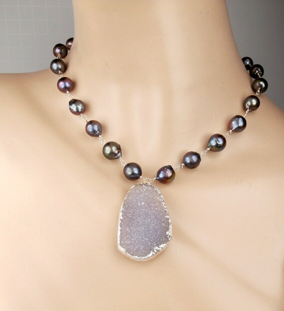 Large Druzy Necklace Wire Wrapped Peacock Pearl Lavender Druzy Crystal Choker Necklace Bold Druzy Statement Necklace Bohemian Beach Wedding