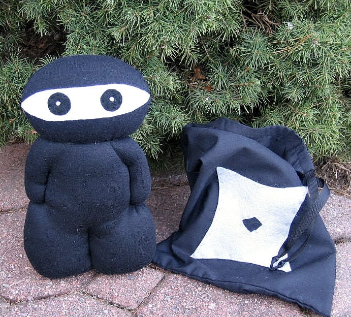 Super Black Ninja in a bag  - Soft and huggable plush stuffed toy with drawstring carry bag