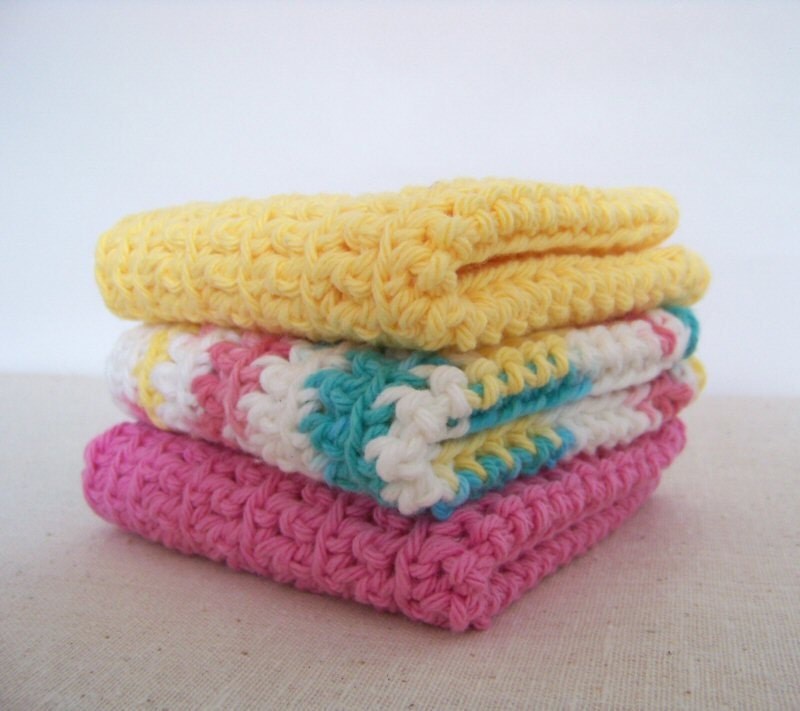 Wash Cloths, Dish Cloths, Cotton - Pink, Teal, Yellow, Matching Set - Crocheted 3 Piece, Confetti