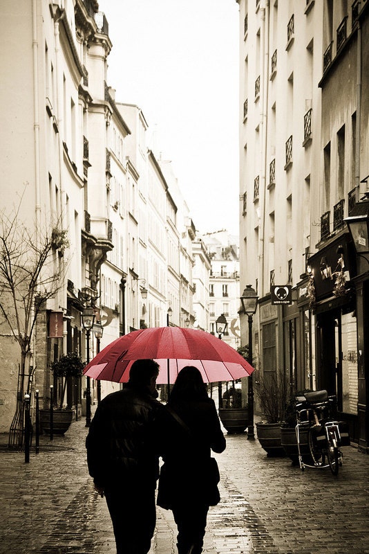 Valentine Photography - Paris in the rain Romance- 8x8 photograph on wood photo block - Paris Photography  - Red Umbrella in Paris