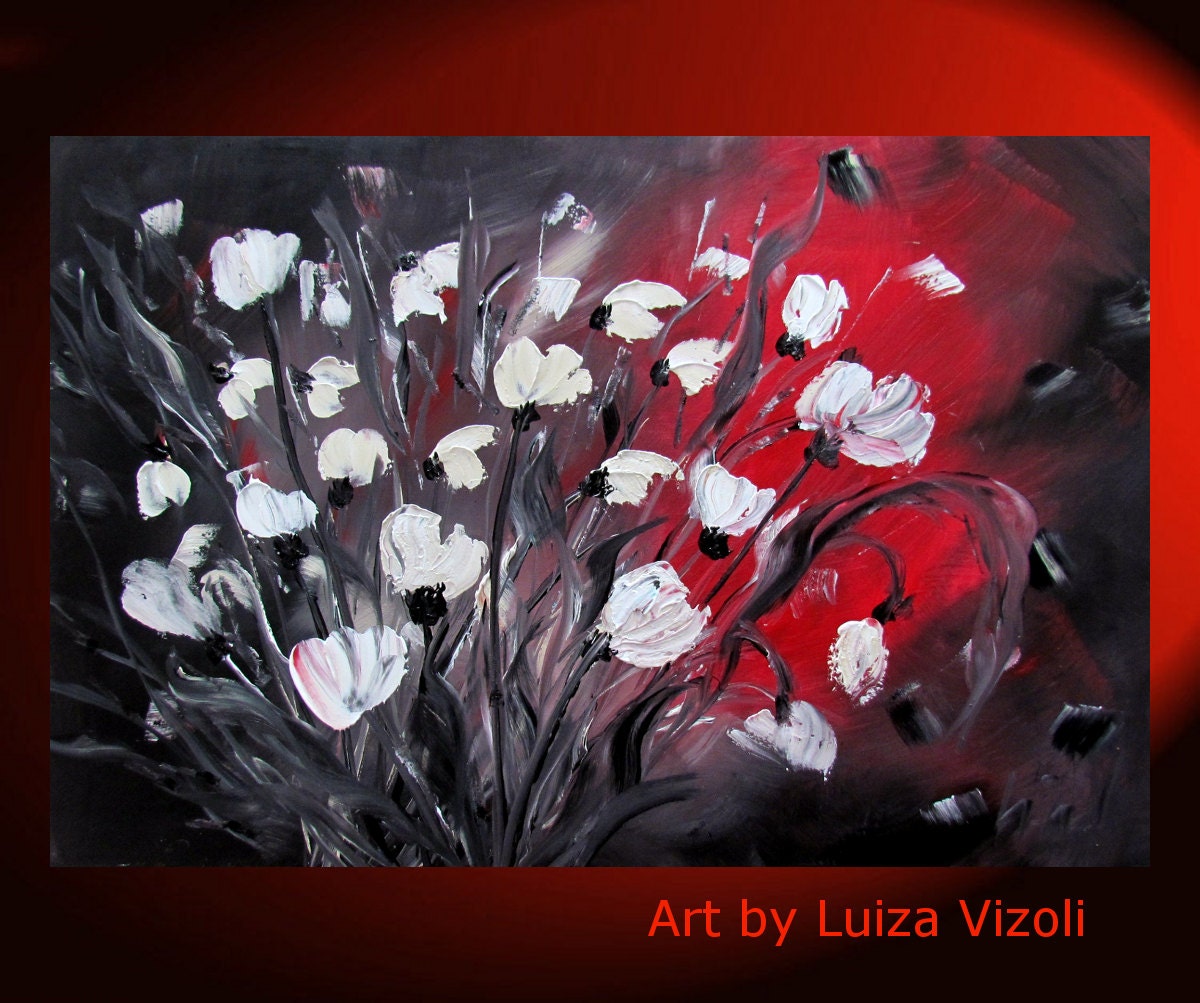 Oil Painting Red White Black Flowers Bouquet Original Fine Art Floral Wall Decor