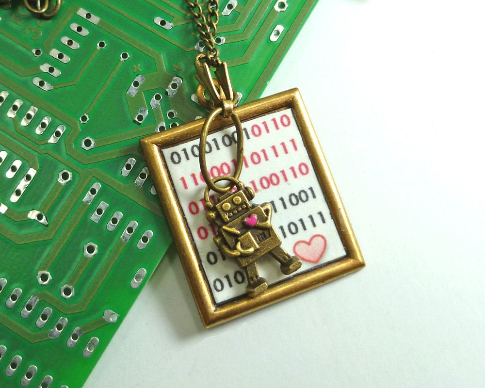 Robot I Love You Binary Code Necklace brass