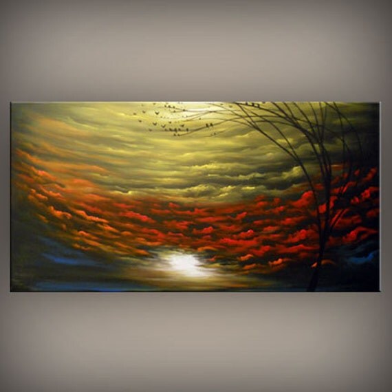 ORIGINAL large abstract painting tree landscape bird rainbow cloud 48 x 24