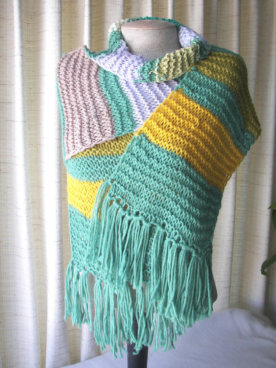 SALE UNIQUE Art Hand Knit Stripe SCARF Long Colorful Green Marine with Fringes