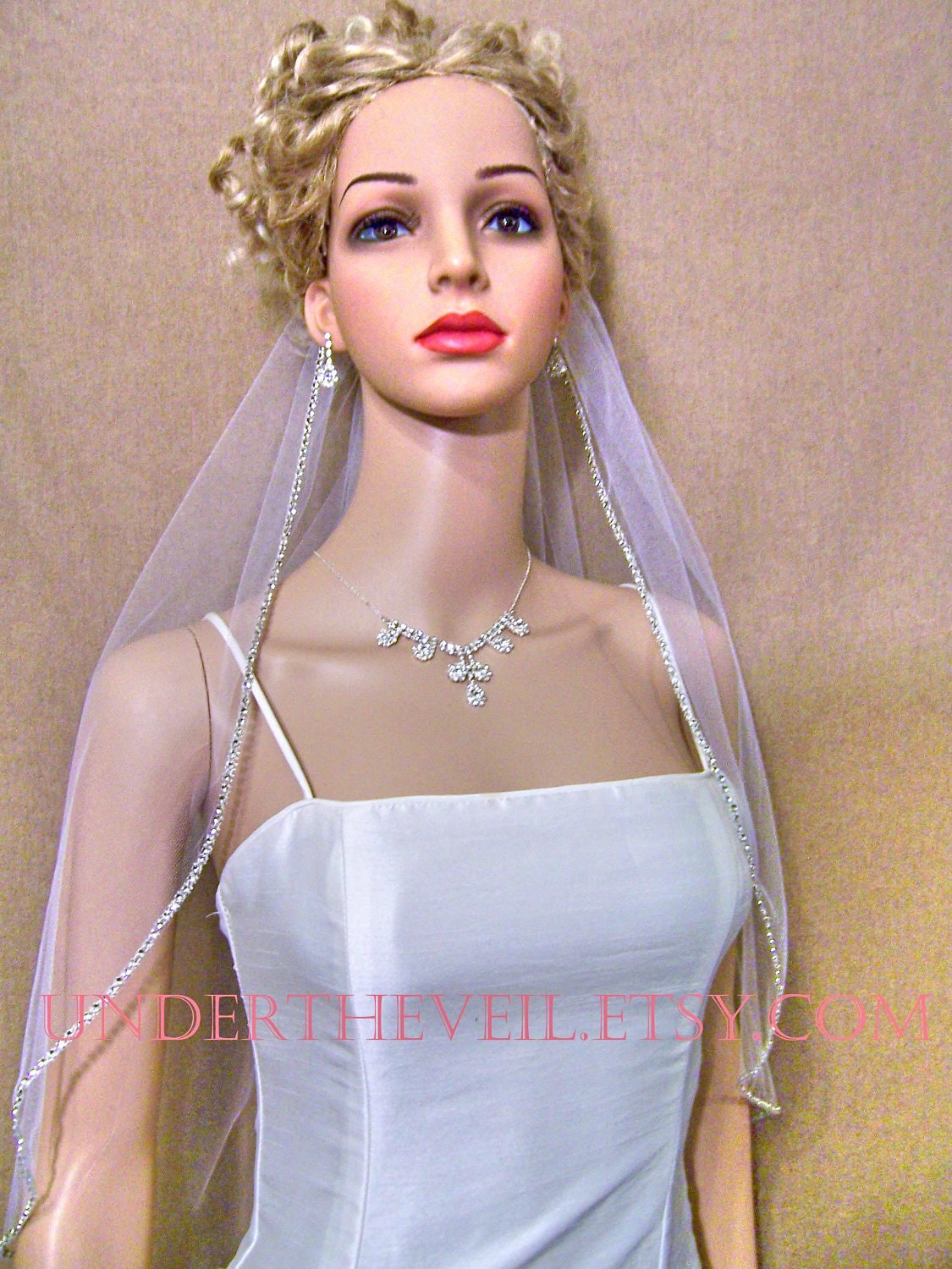 SALE, Rhinestone edge 1-tier, Elbow Waist Veil Length, Very beautiful, FREE GARTER