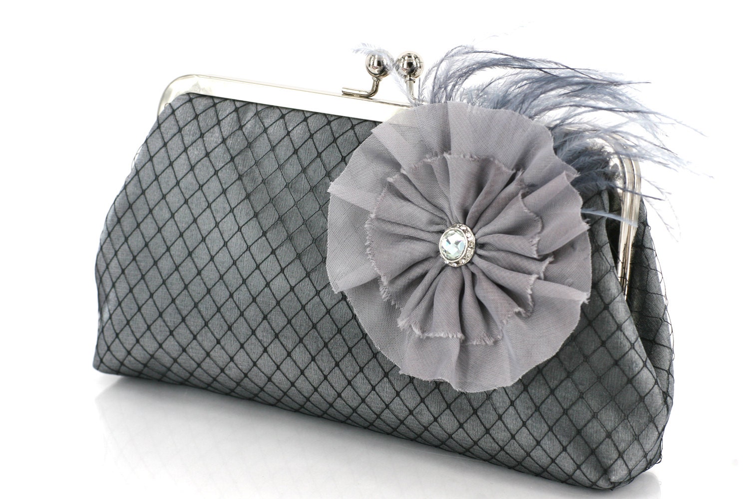 Gray Clutch with Ostrich feather Flower Brooch 8-inch