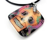 Pendant, Sugar Skull, Resin, embedded photo pendant by BuyMyCrap. Día de los Muertos pendant.