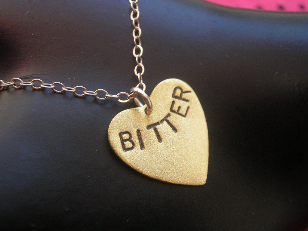 BITTER--Heart Charm Necklace, Heart Necklace, Metalwork Stamped Brass Heart, Valentines Day, Handmade, Love