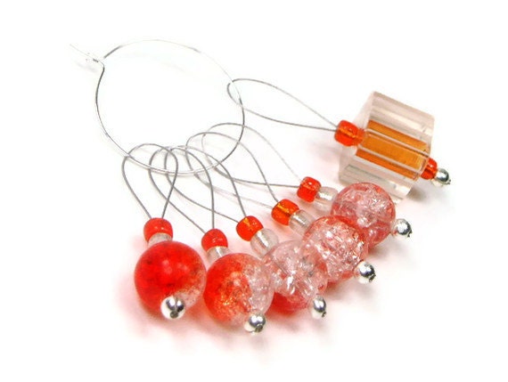 Knitting Stitch Markers Set, Beaded, Snag Free, Tangerine Orange, Gift for Knitter, DIY Crafts, TJBdesigns
