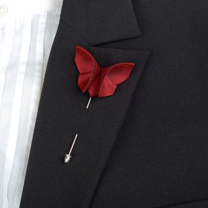 Red Butterfly Christmas Wedding Boutonniere Lapel Pin Stick Pin Corsage Buttonhole Small Size GROUP DISCOUNT AVAILABLE