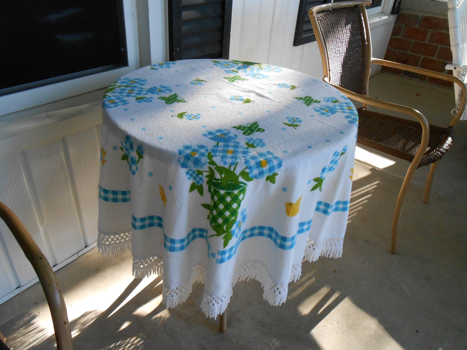Vintage gingham flowerpots and flowers terrycloth tablecloth