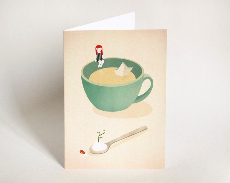 Tea Coffee girl paper boat ship Card - Cup beach