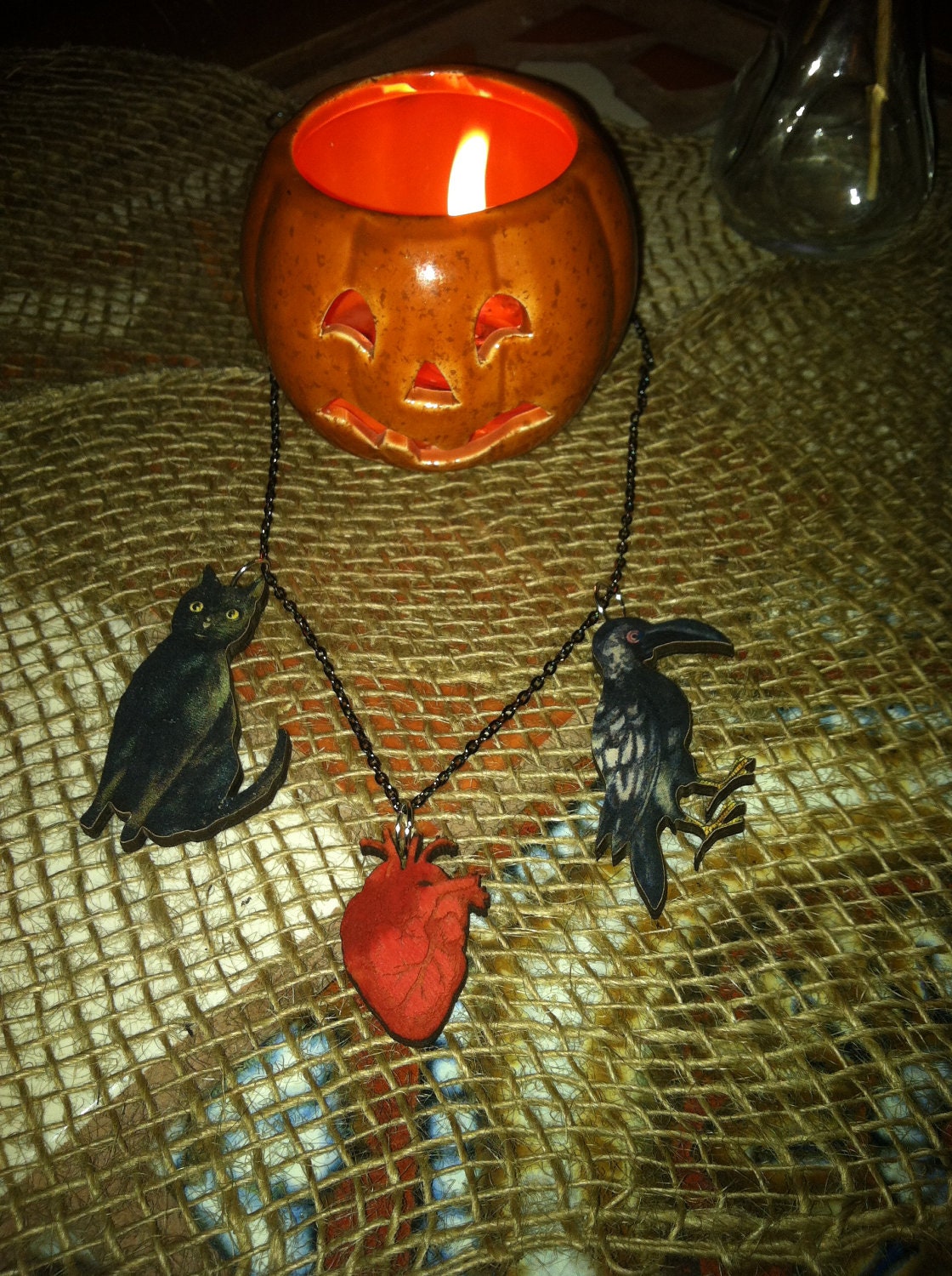 Halloween Black Cat and Raven Necklace