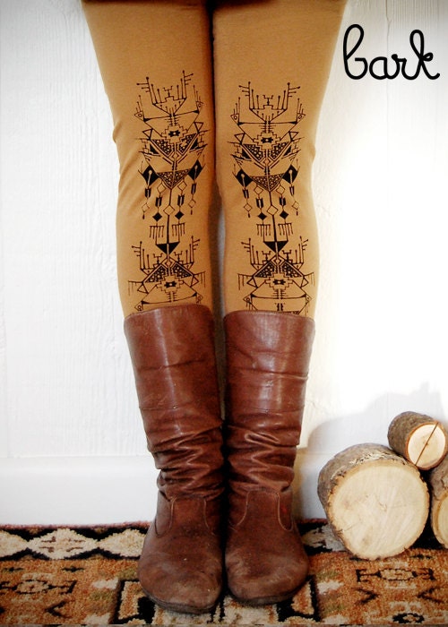 Nazca Lines - Womens Camel Jersey Spandex High Waist Modern Leggings - Camel and Black - by Bark Decor