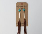 Turquoise Cross Bone and Leather Tassel Earrings