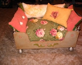 Shabby Chic Cottage Embellished Wood Dog Bed French Country with Fancy Boutique PIllows