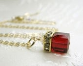 Red Garnet Crystal Necklace, Gold, Swarovski Cube, Pendant, Wedding, Bridesmaid, Handmade Jewelry, January Birthday, Birthstone