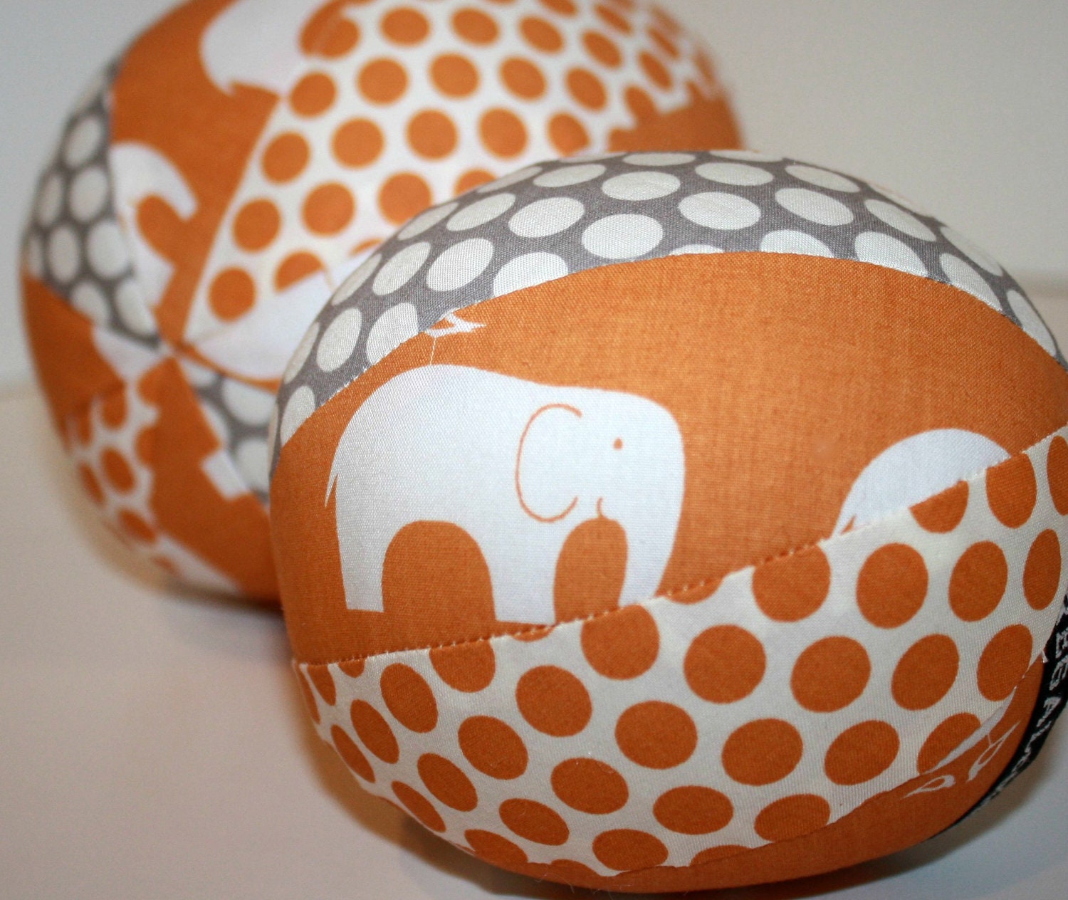 Organic Fabric Rattle Ball - Elephant Parade - Orange and Grey - Boy or Girl - Baby or Toddler