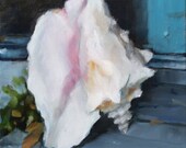 Big Pink and Orange Seashell Conch, Beach Coastal, Blue, Black Background, Original Still Life Painting by Clair Hartmann
