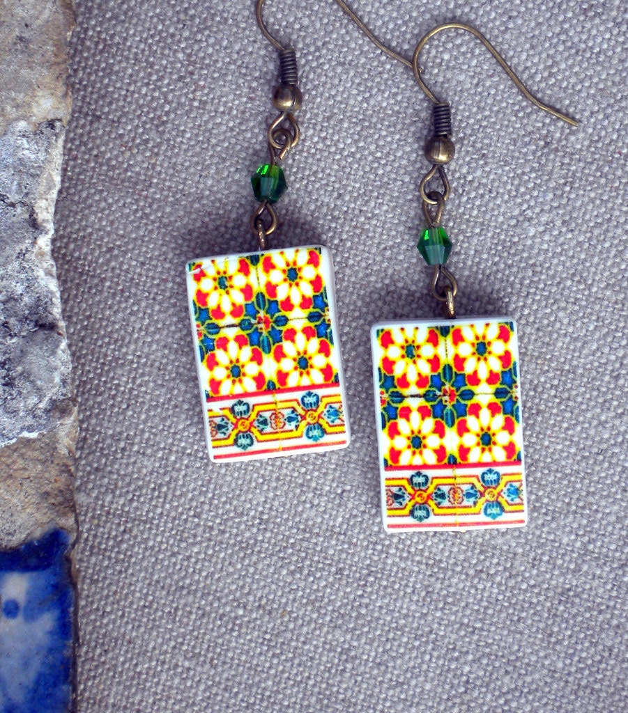 Portugal  Antique Tile Replica Earrings,  Green, Red and Yellow  ESGUEIRA  - waterproof and reversible