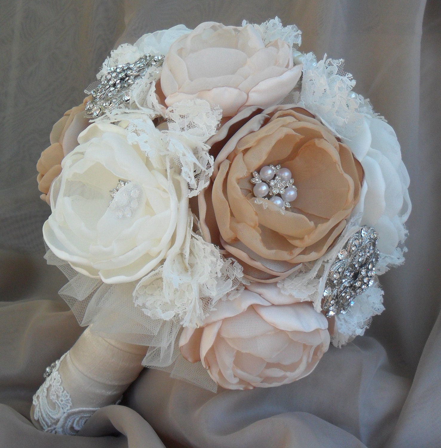 Large vintage fabric bouquet - coral shades, ivory, tan and champagne loaded with crystals and brooches - deposit listing
